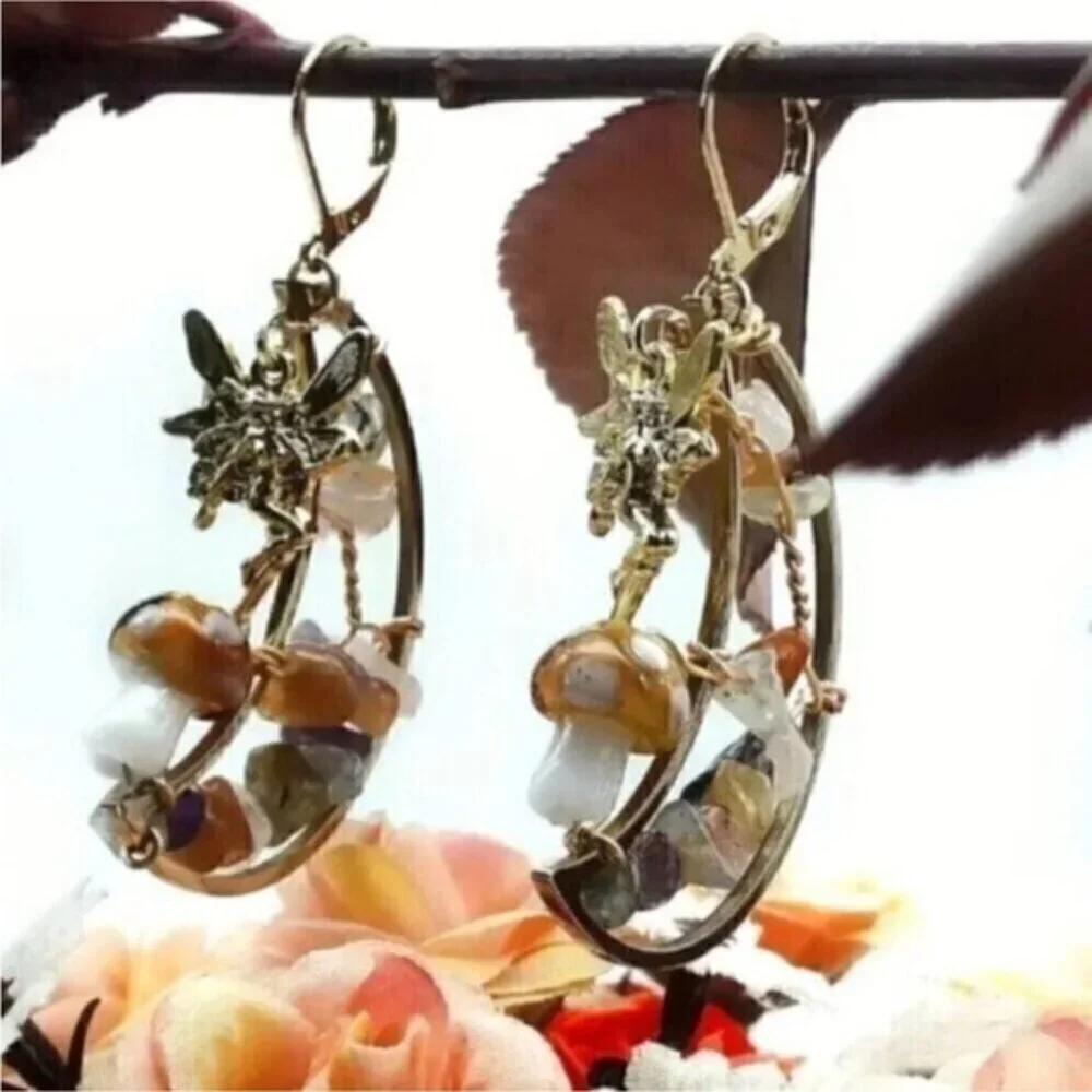 Crescent Moon Gold Mushroom Colorful Stone Fairycore Earrings - Picture 6 of 6